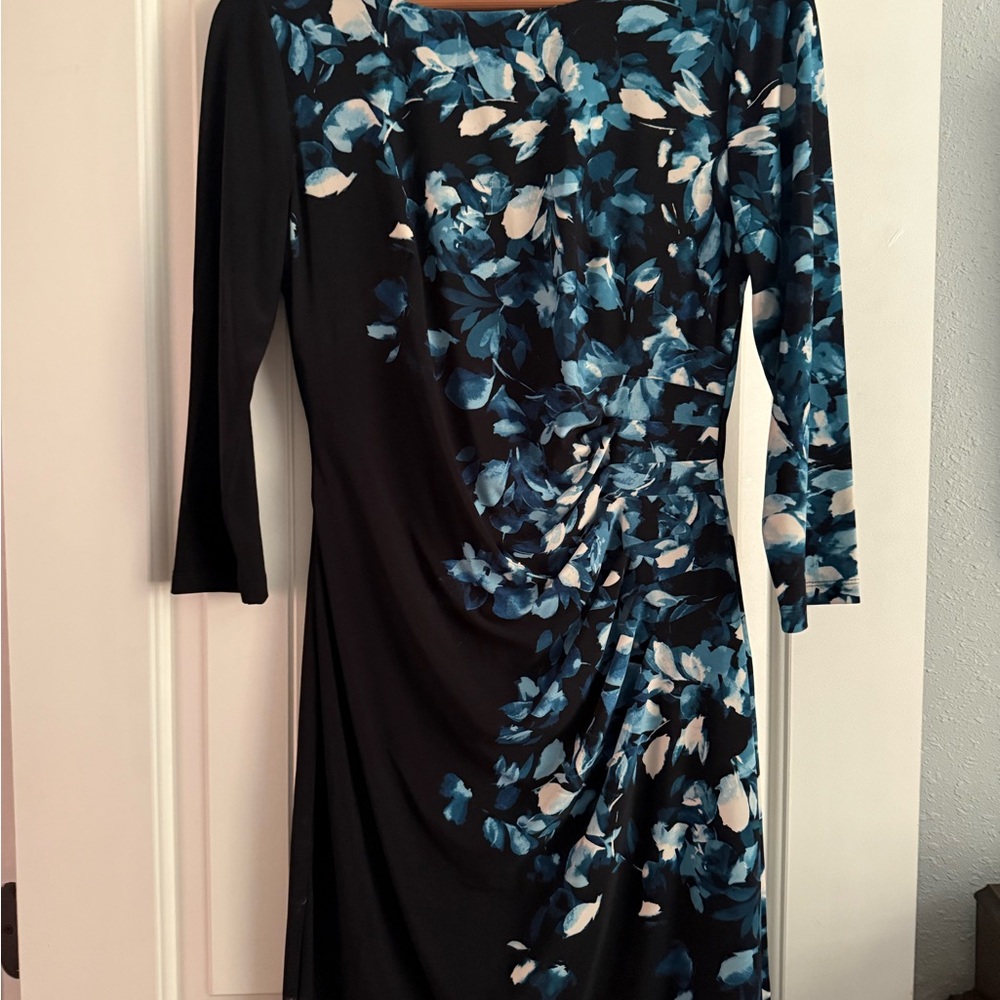 Anne Klein Black and Blue Floral Long Sleeve Dress